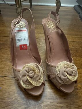 Vince Camuto Tan Slingback Peep-Toe Wedges with Rosette Detail